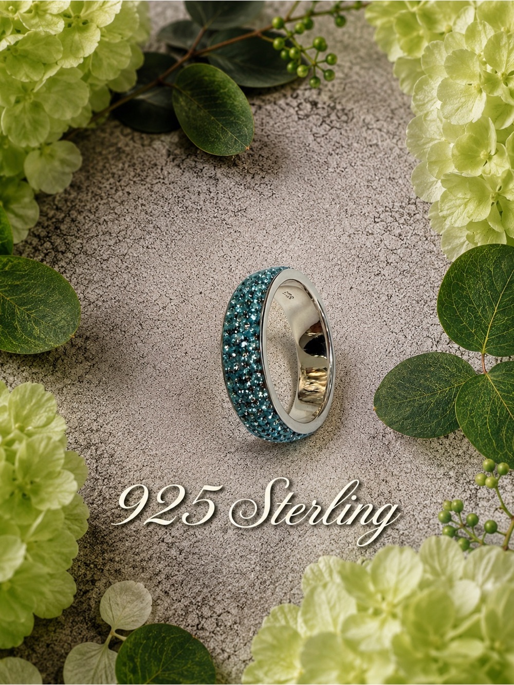 🆕RESTOCKED❤️925 Sterling Silver Aquamarine Swarovski Crystal Pave Band Ring